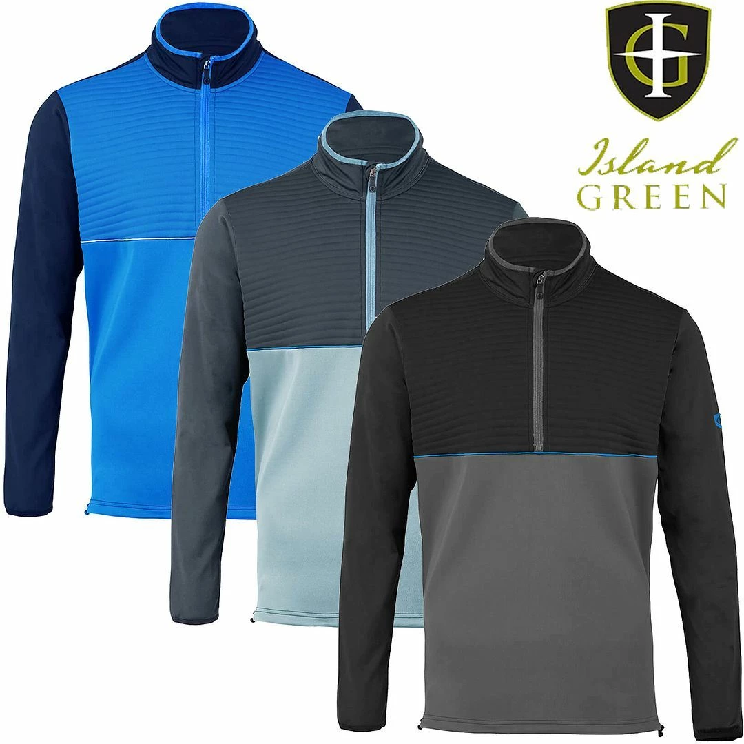 Island Green Mens 1/4 Zip Neck Top Layer Ribbed Yoke Wicking Stretch Golf Sweater